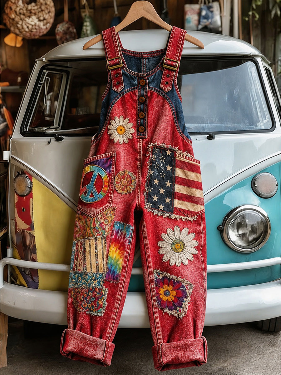 Women's Retro Style Art Print Washed Cotton Denim Patchwork Jumpsuit